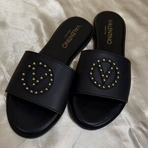 Valentino Black Slides with Gold Accents
